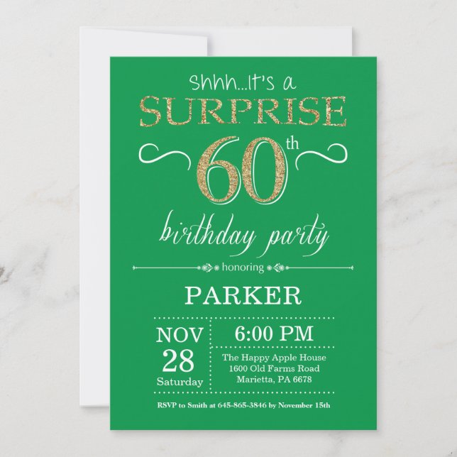 Surprise 60th Birthday Invitation Green and Gold (Front)
