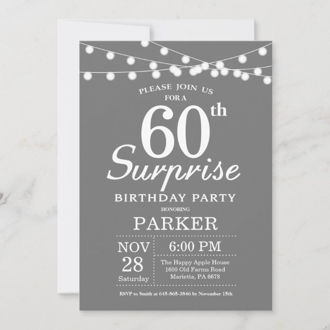 Surprise 60th Birthday Invitation Grey and White (Front)