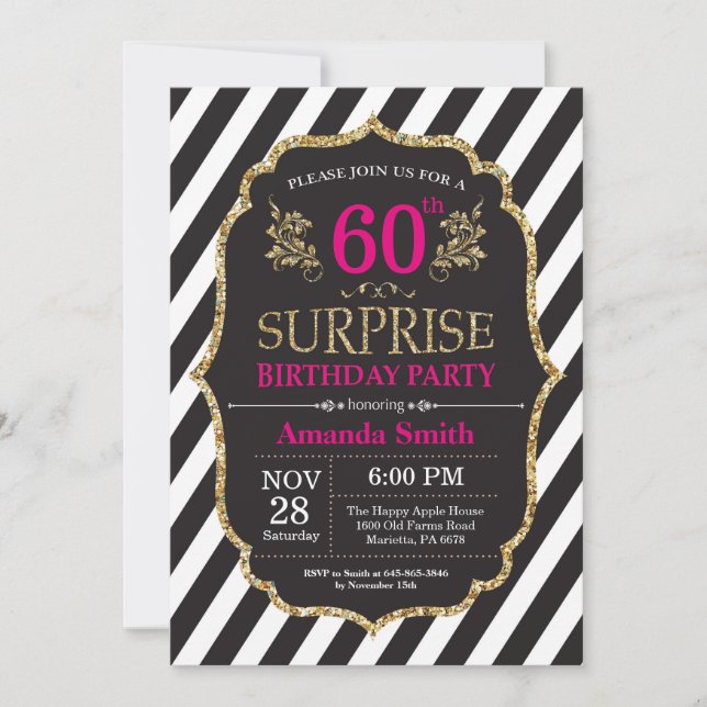 Surprise 60th Birthday Invitation Pink Black Gold (Front)