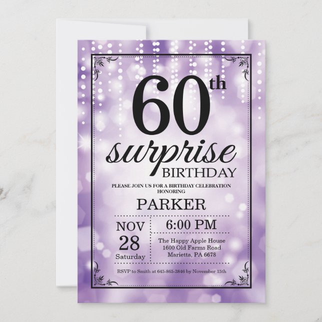 Surprise 60th Birthday Invitation Purple Glitter (Front)