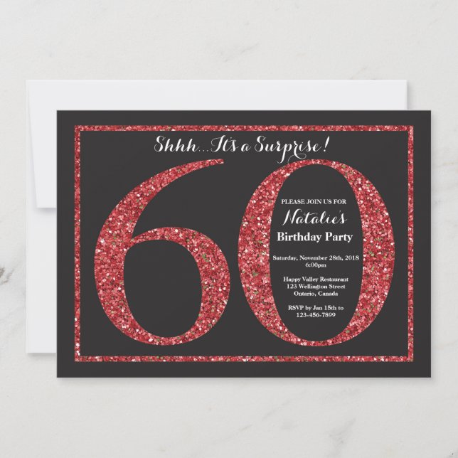 Surprise 60th Birthday Invitation Red Glitter (Front)