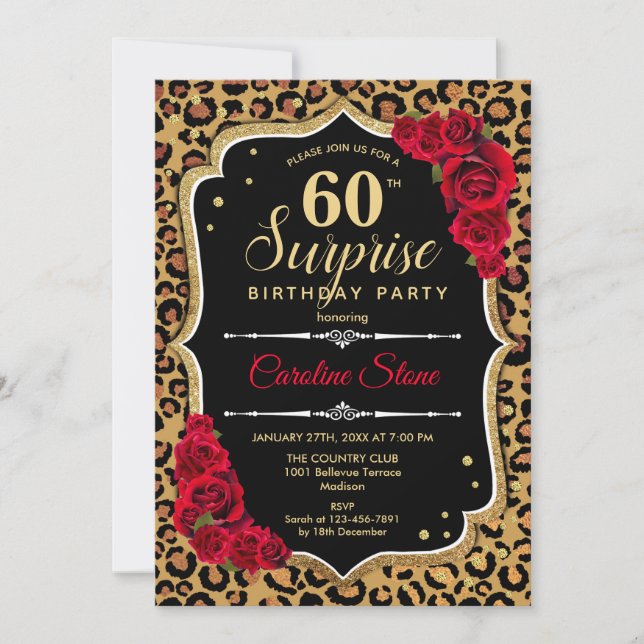 Surprise 60th Birthday Leopard Black Gold Red Invitation (Front)