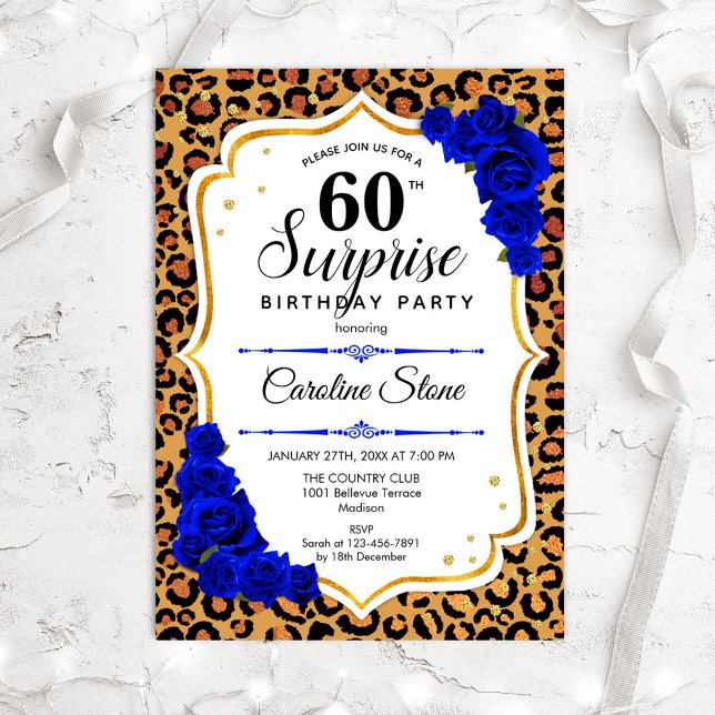 Surprise 60th Birthday - Leopard Gold Royal Blue Invitation (Creator Uploaded)