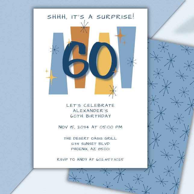  Surprise 60th Birthday Midcentury Retro Blue Invitation (Creator Uploaded)