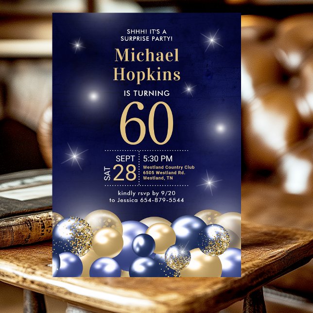Surprise 60th Birthday Navy Blue Gold Balloons Invitation (Creator Uploaded)