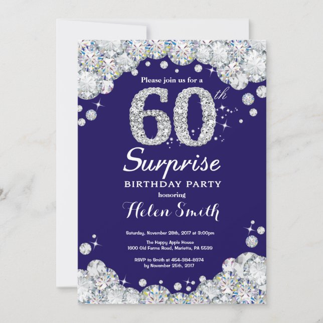 Surprise 60th Birthday Navy Blue Silver Diamond Invitation (Front)