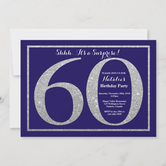 Surprise 60th Birthday Navy Blue Silver Glitter Invitation (Front)