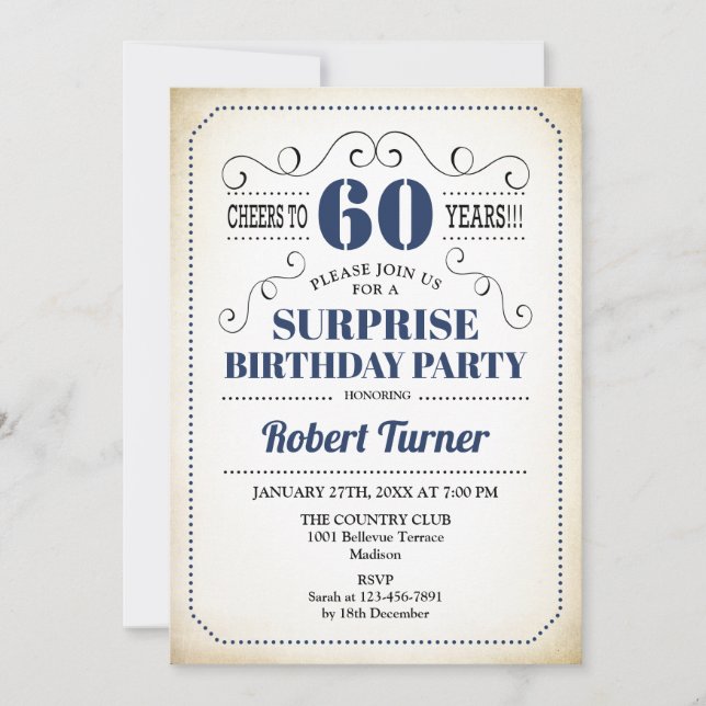Surprise 60th Birthday - Navy Blue White Black Invitation (Front)