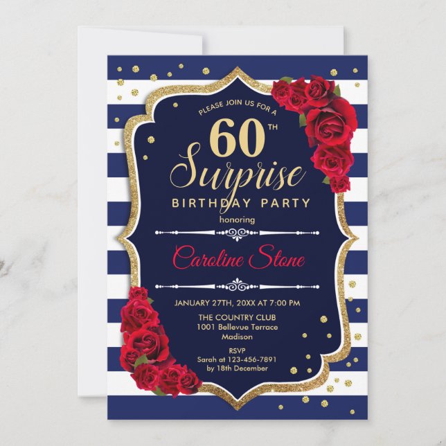 Surprise 60th Birthday - Navy White Red Invitation (Front)