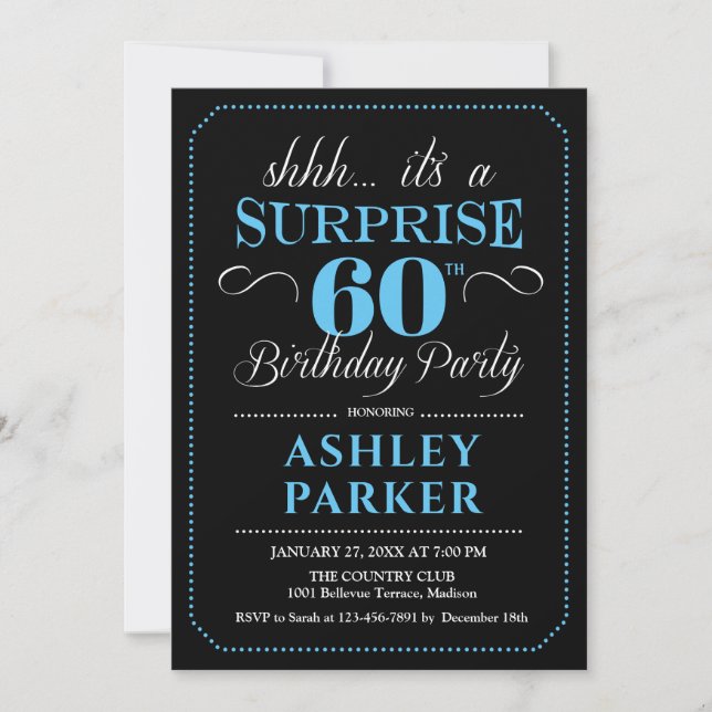 Surprise 60th Birthday Party - Black Blue Invitation (Front)