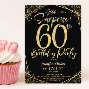 Surprise 60th Birthday Party Black & Gold Glitter Invitation