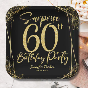Surprise 60th Birthday Party Black & Gold Glitter Paper Plate