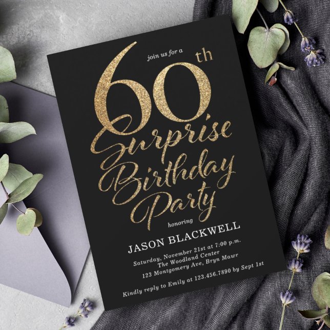 Surprise 60th Birthday Party Black & Gold Invitation (Creator Uploaded)