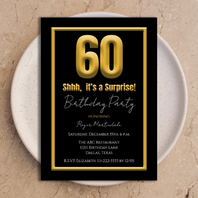 Surprise 60th Birthday Party Bold Gold and Black  Invitation (Creator Uploaded)