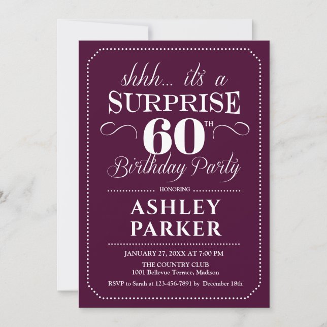 Surprise 60th Birthday Party - Burgundy White Invitation (Front)