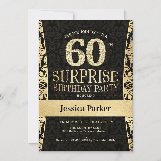 Surprise 60th Birthday Party - Gold Black Invitation (Front)