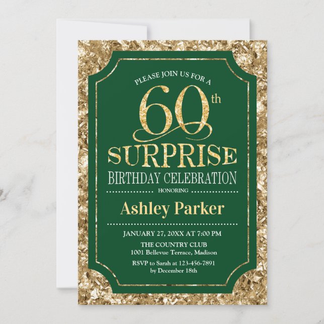 Surprise 60th Birthday Party - Gold Green Invitation (Front)