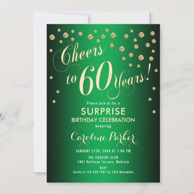 Surprise 60th Birthday Party - Gold Green Invitation (Front)