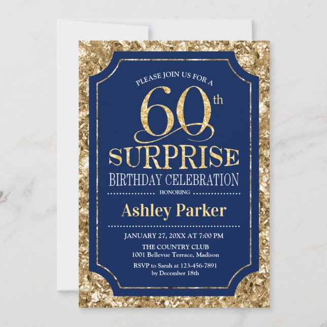 Surprise 60th Birthday Party - Gold Navy Invitation (Front)