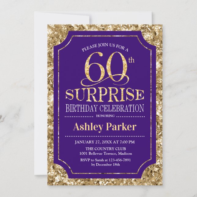 Surprise 60th Birthday Party - Gold Purple Invitation (Front)