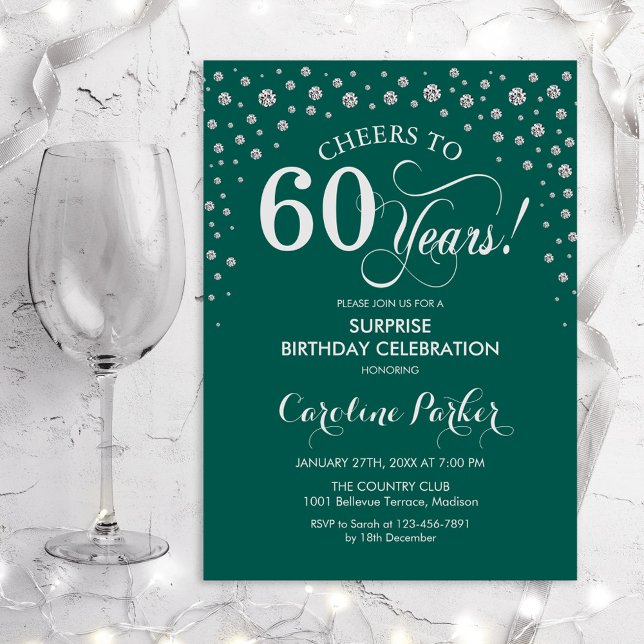 Surprise 60th Birthday Party - Green Silver Invitation (Creator Uploaded)