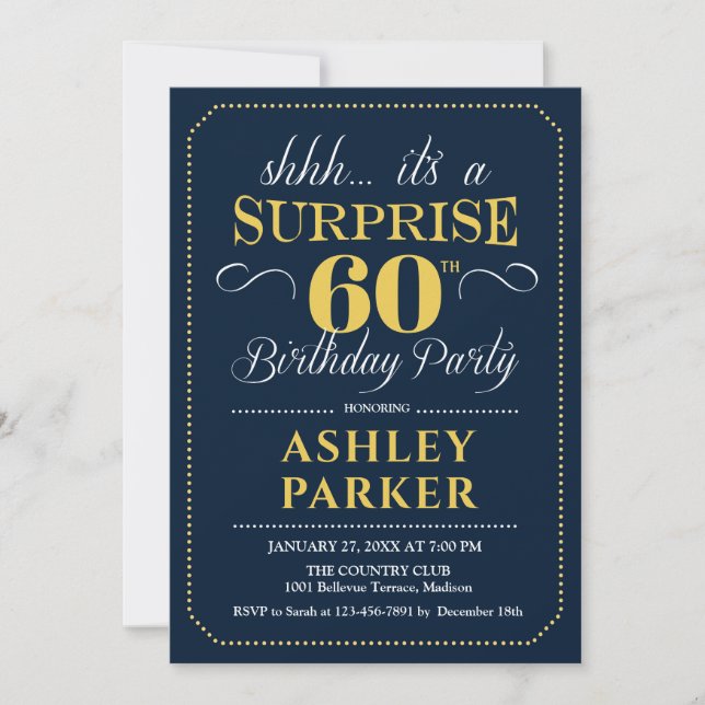 Surprise 60th Birthday Party - Navy Gold Invitation (Front)