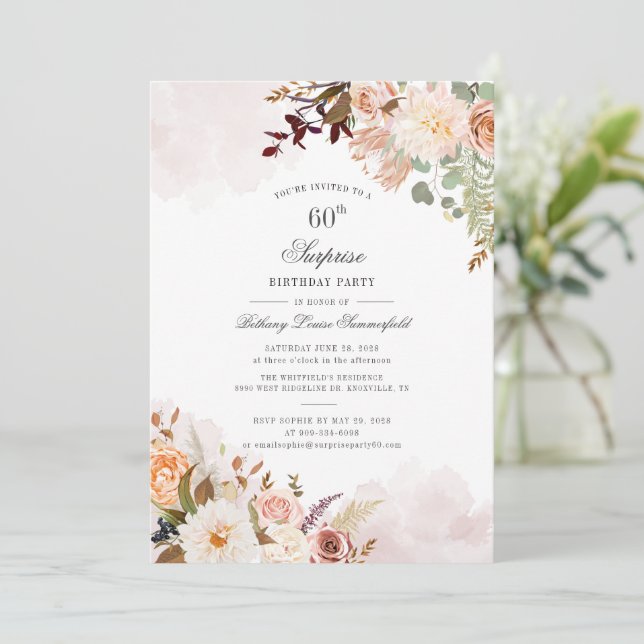 Surprise 60th Birthday Party Pastel Floral Script Invitation (Standing Front)