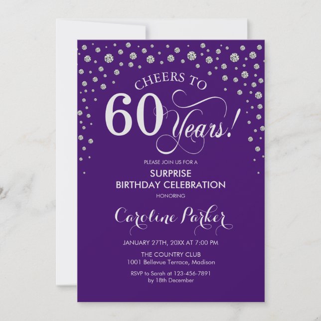 Surprise 60th Birthday Party - Purple Silver Invitation (Front)
