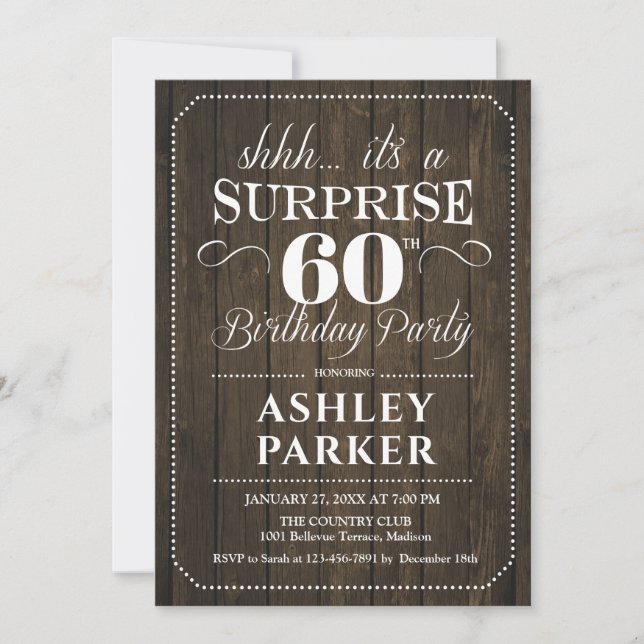 Surprise 60th Birthday Party - Rustic Wood Invitation (Front)