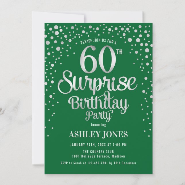 Surprise 60th Birthday Party - Silver & Green Invitation (Front)