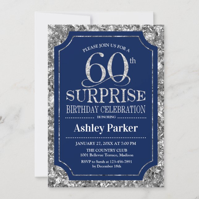 Surprise 60th Birthday Party - Silver Navy Blue Invitation (Front)