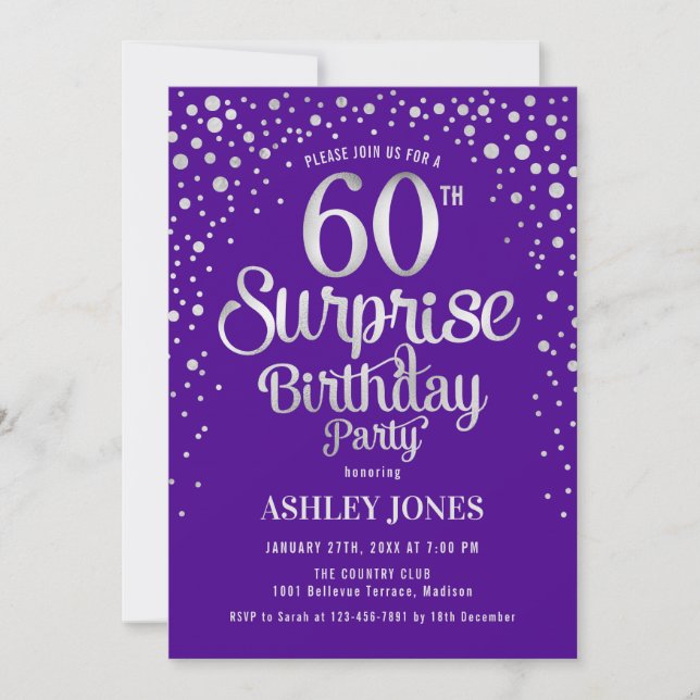 Surprise 60th Birthday Party - Silver & Purple Invitation (Front)