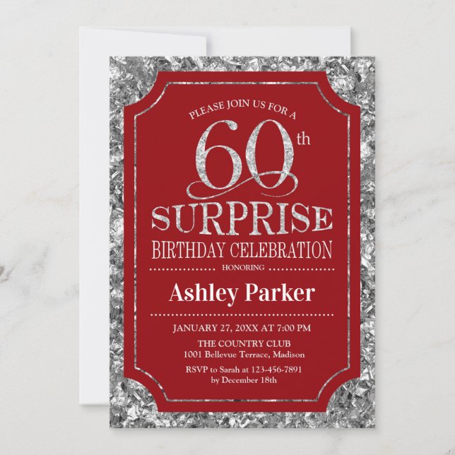Surprise 60th Birthday Party - Silver Red Invitation (Front)
