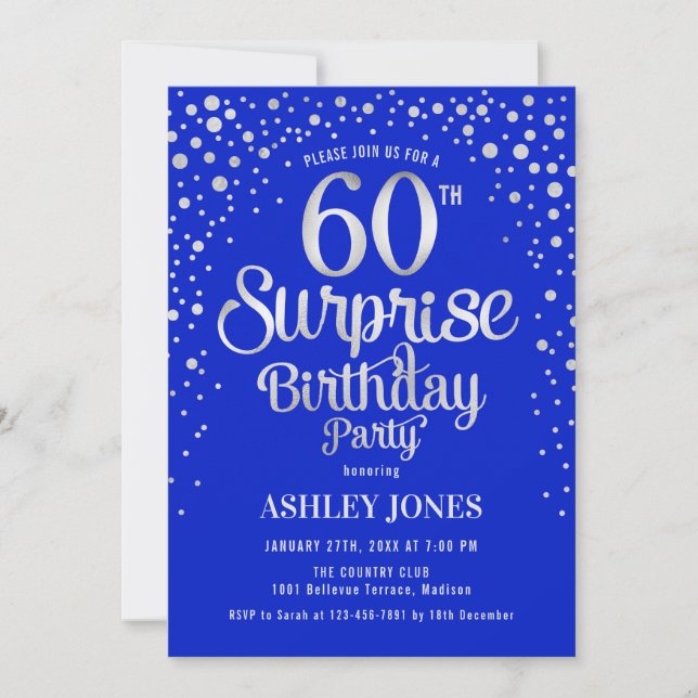 Surprise 60th Birthday Party - Silver & Royal Blue Invitation (Front)