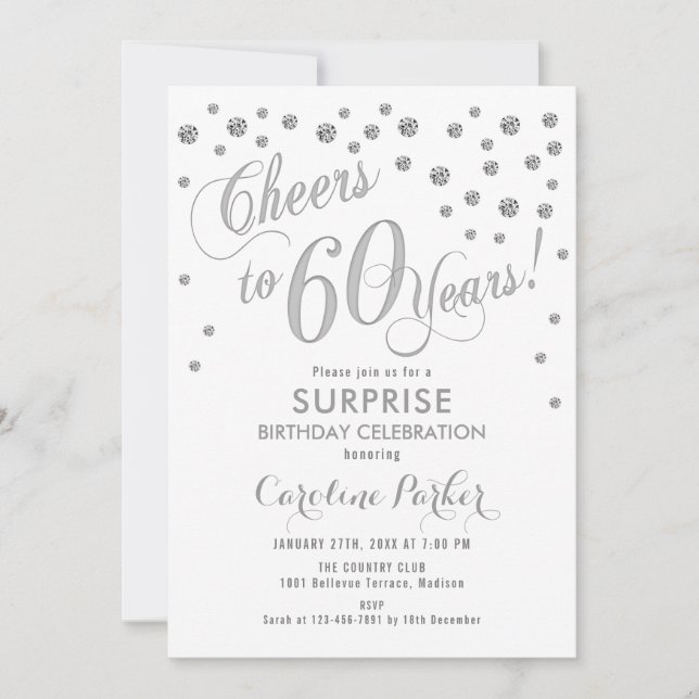 Surprise 60th Birthday Party - Silver White Invitation (Front)
