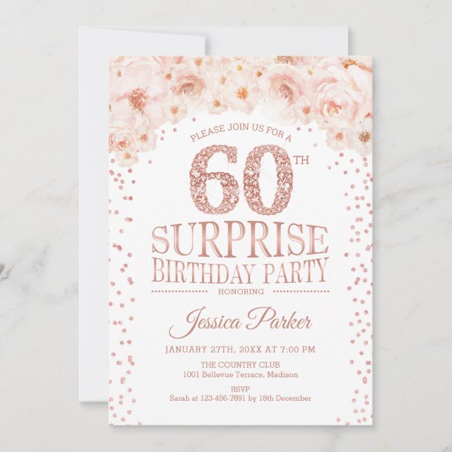 Surprise 60th Birthday Party - White Rose Gold Invitation (Front)