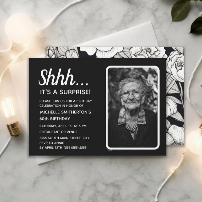 Surprise 60th Birthday Photo Black White  Invitation (Black and white floral surprise birthday party photo invitation)
