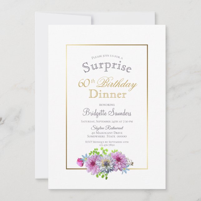Surprise 60th Birthday Pink Floral Gold Dinner Invitation (Front)