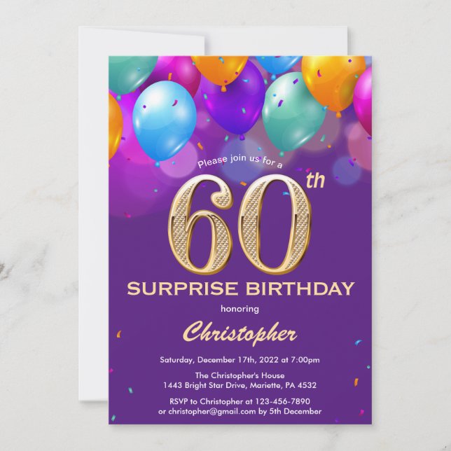 Surprise 60th Birthday Purple and Gold Balloons Invitation (Front)