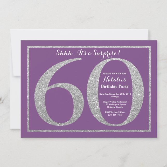 Surprise 60th Birthday Purple and Silver Glitter Invitation (Front)