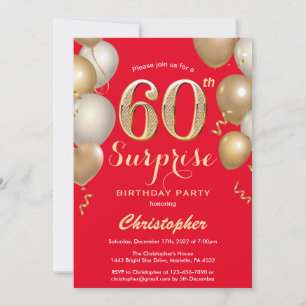 Surprise 60th Birthday Red and Gold Balloons Invitation