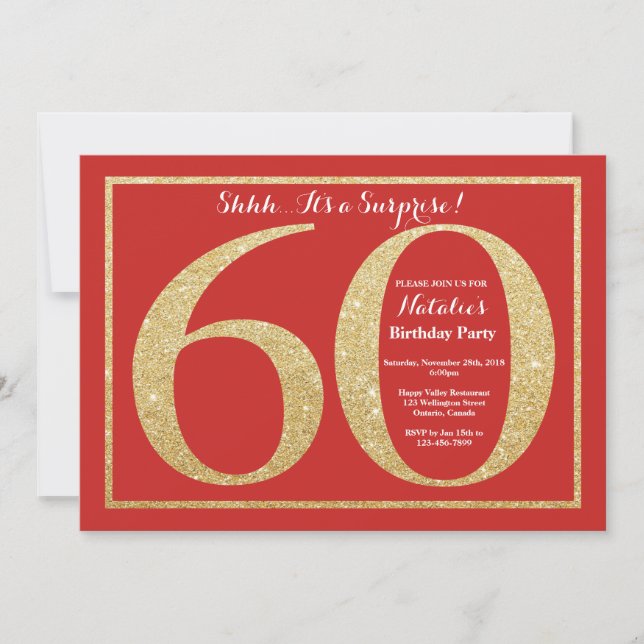 Surprise 60th Birthday Red and Gold Glitter Invitation (Front)