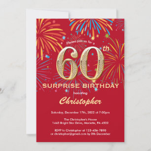 Surprise 60th Birthday Red & Gold Rainbow Firework Invitation