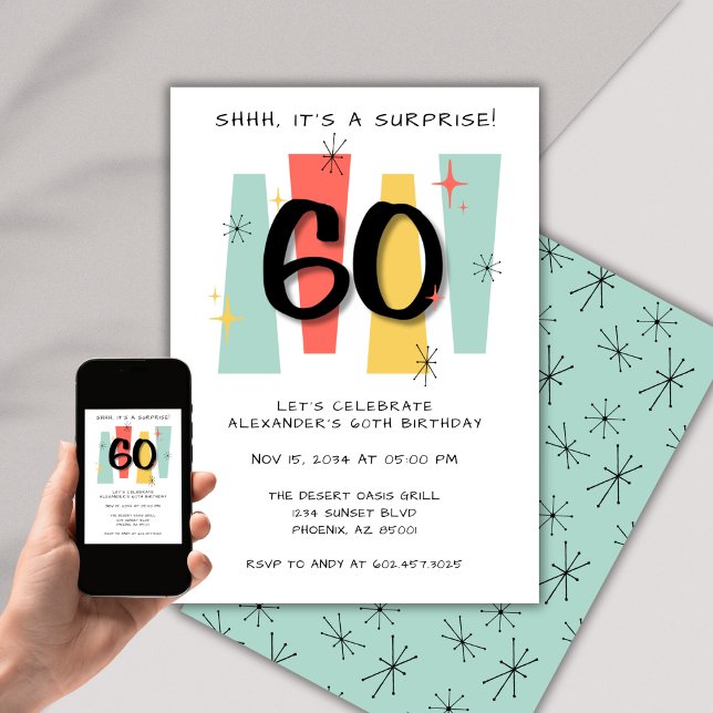 Surprise 60th Birthday Retro Midcentury Modern Invitation (Creator Uploaded)