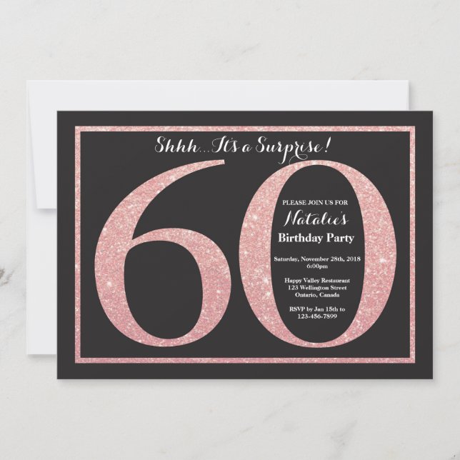 Surprise 60th Birthday Rose Pink Gold Glitter Invitation (Front)