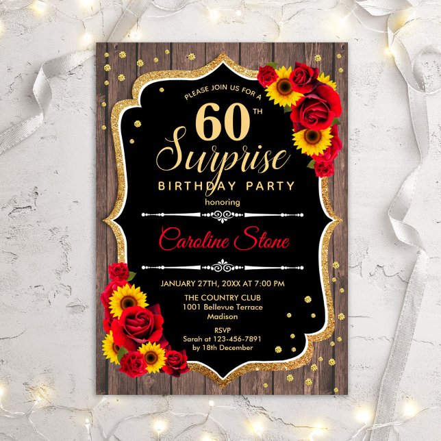 Surprise 60th Birthday - Rustic Wood Sunflowers Invitation (Creator Uploaded)