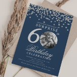 SURPRISE 60th Birthday Silver Confetti Navy Blue  Invitation<br><div class="desc">An elegant "60th Birthday" party invitation design with personalised photo,  modern typography and glitter confetti background.</div>