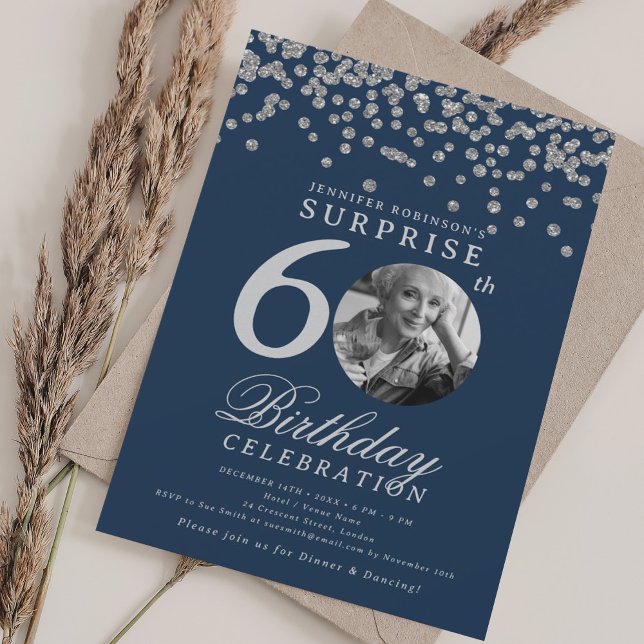 SURPRISE 60th Birthday Silver Confetti Navy Blue  Invitation (SURPRISE 60th Birthday Silver Confetti Navy Blue Invitation)
