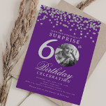 SURPRISE 60th Birthday Silver Confetti Purple  Invitation<br><div class="desc">An elegant "60th Birthday" party invitation design with personalised photo,  modern typography and glitter confetti background.</div>