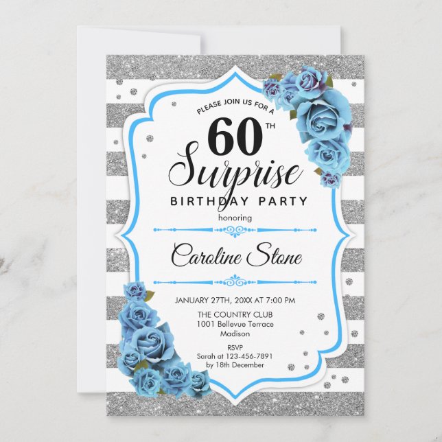 Surprise 60th Birthday - Silver White Blue Invitation (Front)